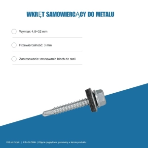 Wkręt samowiercący do metalu 4,8x32 mm, przewiercalność 3 mm, EPDM, 250 szt. – ocynk bez lakieru